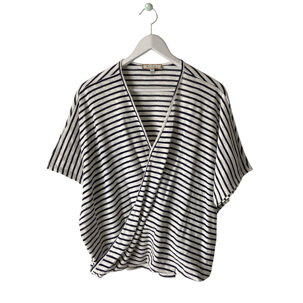 Anthropologie Eri+Ali Navy Joceline Striped Faux Wrap Top Size Small